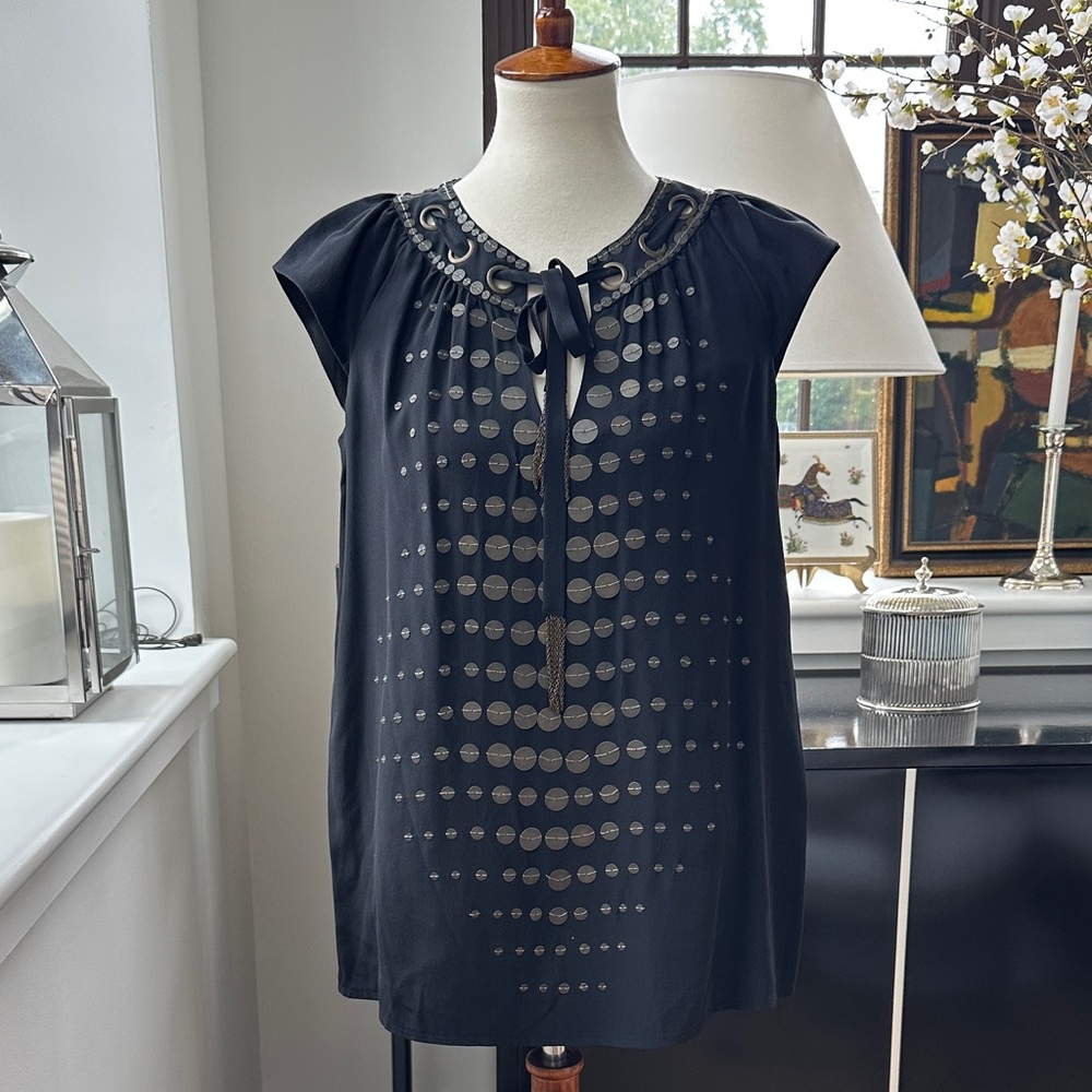 Nanette Lepore Silk Peasant Top Black w/Metal Detail Size 6